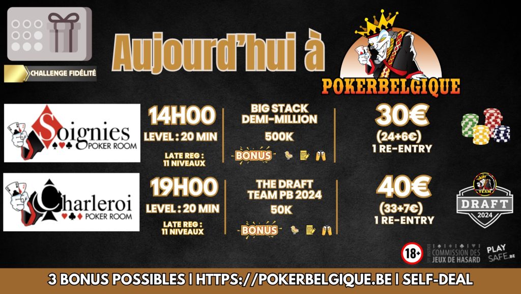Ce mercredi 01/05 à Poker Belgique, une demi tonne de jetons et/ou Une 1ère manche de la Draft team PB 2024!